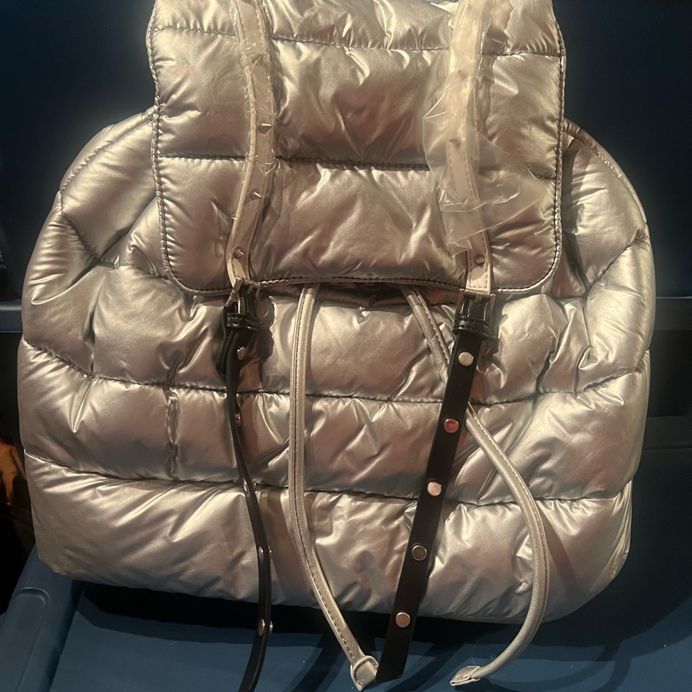 Sam Edelman Silver Quilted Puffer Backpack